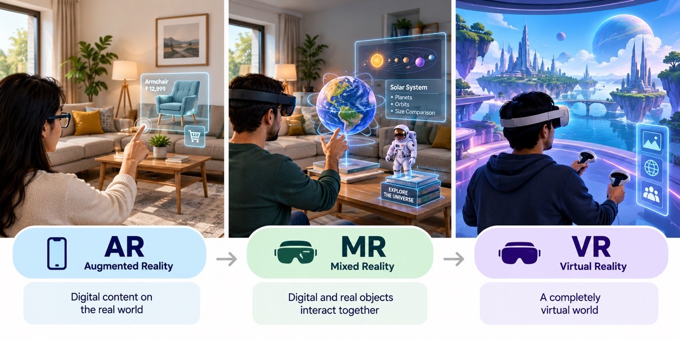 Comparison of AR (Augmented Reality), MR (Mixed Reality), and VR (Virtual Reality) environments