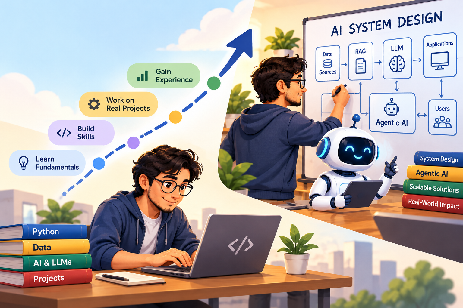 Illustration of Developer Evolution: Learning fundamentals on laptop to leading AI System Design and Agentic Workflows on whiteboard