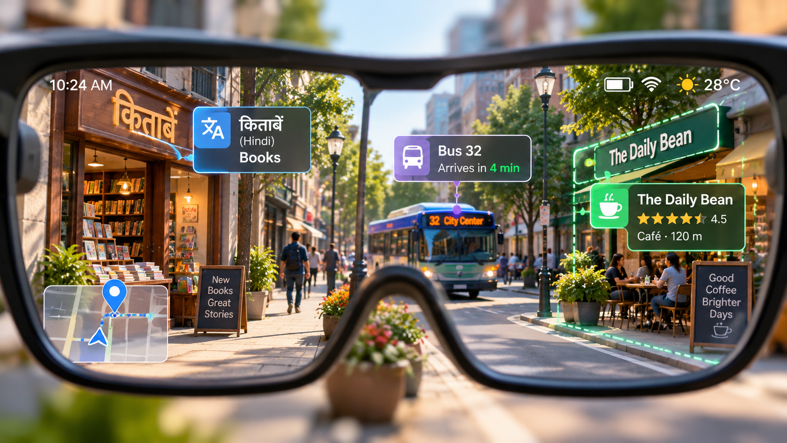 Looking through AI-powered smart glasses showing real-time street computer vision, bus arrivals, and multilingual sign translation